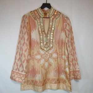 Tory Burch Iveta Silk Tunic Peach Side Split Embellished V Neck Women's …